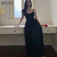 XIYUYI ผ้าโปร่งคอวีสำหรับผู้หญิงชุดเดรสรัดรูปฝรั่งเศสใส่ในฤดูร้อนกระโปรงสายเอี๊ยม2023