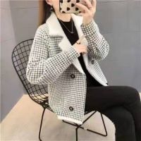 Plover grid v-neck knitting coat qiu dong with late autumn female with a cardigan mink wool coat