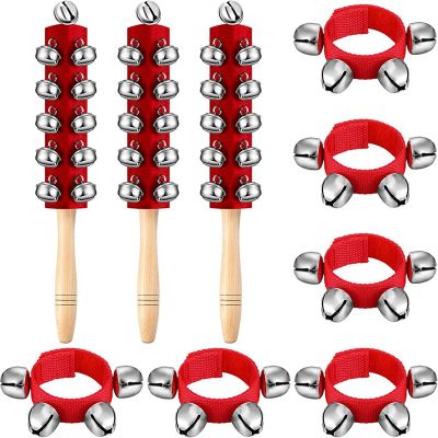 Sleigh Bells Set Wrist Band Jingle Bells Musical Wooden Handheld Jingle Bells for Party Family Gift