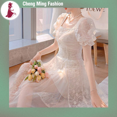 Cheng Ming สีทึบผ้าตาข่ายปักลายสำหรับผู้หญิงในฤดูร้อนกระโปรงทรงเอคอเหลี่ยมสวยสง่าอินเทรนด์เดรสแขนสั้น