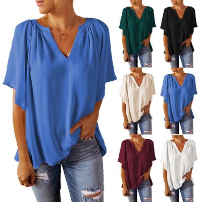 [COD] European and spring summer new loose five-quarter sleeve T-shirt ladies cross-border V-neck pullover top