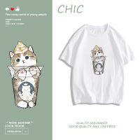 CHIC ผ้าฝ้ายแท้ ลูกแมวน่ารักพิมพ์เสื้อยืดแขนสั้นสบาย ๆ T0286