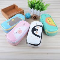 ♛◈ Cute Cartoon Pencil Case Penguin Pen Bag Kawaii Stationery Holder PU Leather School Supplies Gift Box Pink White Ruler Ins