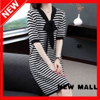 NEW MALL Summer Plus Size WomenS New Short-Sleeved Striped Dress WomenS Casual Loose And Thin Mid-Length A-Line Skirt