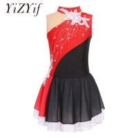 Figure Ice Skating Dress Girls Kids Rhinestone Floral Ballet Gymnastics Leotard Dress Mesh Lyrical Dance Performance Costume