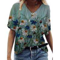 5XL Oversize Women T Shirt Summer Short Sleeve V-Neck Casual Streetwear Tops Plus Size 4XL 5XL Ladies 3D Floral Printed Tee 2021