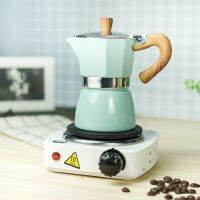 (สีฟ้า)กาต้มมอคค่าพอท Moka Pot ลายไม้ + เตามินิไฟฟ้าสีขาว 500w