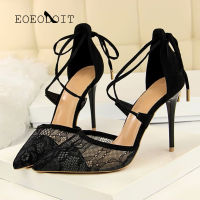 EOEODOIT Women Stiletto Heels Sandals Pointed Toe Gauze Pumps Shoes Cross Lace-up Fringe Sandals For Party Wedding 10 CM Heel