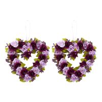 2X Heart Shaped Artificial Flower Wreath Door Hanging Wreaths with Silk Ribbon for Wedding Decoration（Purplish Red）