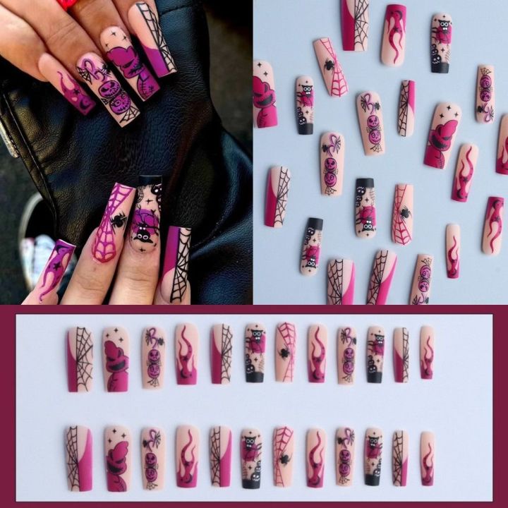  24Pcs Halloween Long Press on Nails Spider Pattern Pink Nails  Glue on Punk Press on Nails Fake Nails for Women Nail Art on Party  (Halloween Pink) : Beauty & Personal Care