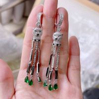 Long Tassel Panther Cubic Zirconia Dangle Earring Leopard Animal 925 Silver Ear Pin Tassel Jewelry For Women Wedding Party