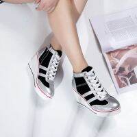 Women Wedge Mesh Platform Casual Sneakers Side Zip Lace Cake Heel Booties 8cm Height Increased Canvas Stitching Color Shoes