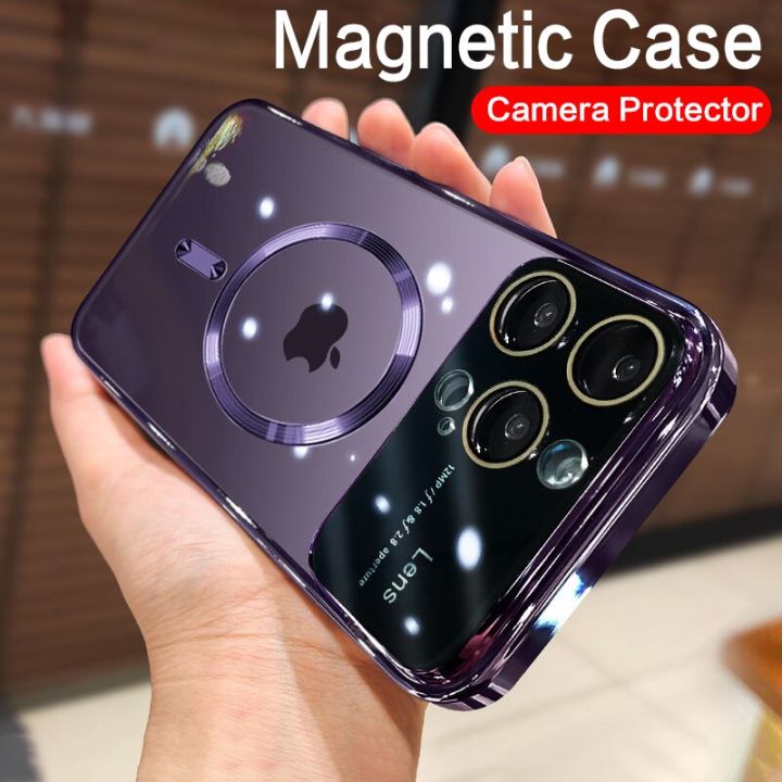 สำหรับ-magsafe-เคสใสชาร์จไร้สายแม่เหล็กได้สำหรับ-iphone-14-13-12-11-pro-max-14plus-เคสป้องกันเลนส์กระจกหน้าต่างขนาดใหญ่