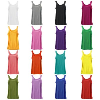 ◕❀ Sleeveless Color Camisole Floral Trim Ribbed Knit