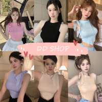 DD SHOPพร้อมส่ง 9078 เสื้อกล้ามไหมพรม คอกลม ดีเทลปลายข้างระบาย ผูกโบว์ที่คอ