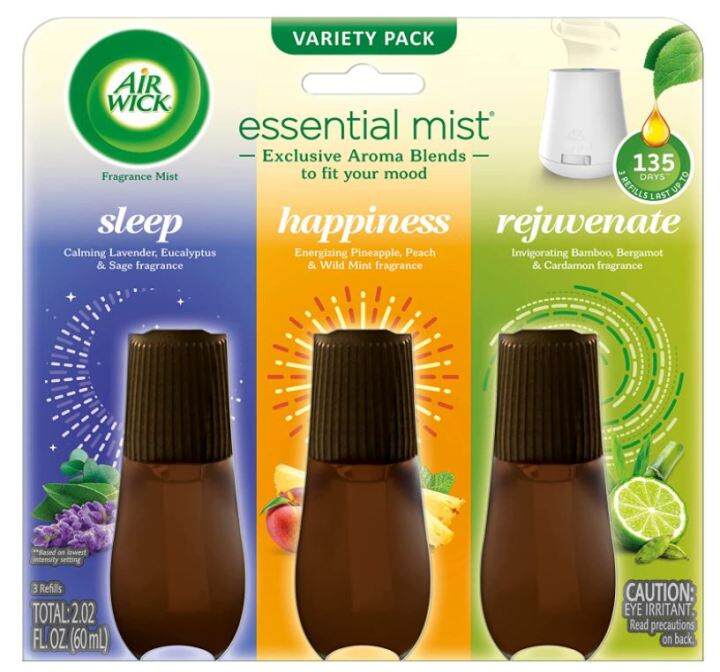 Air Wick Essential Mist Refill, Multipack, Sleep, Happiness, Rejuvenate (3 bottles of refills