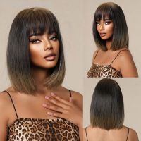 Short Straight Black Brown Ombre Synthetic Wigs Bob Hair with Bangs for Women Natural Party Cosplay Wig Heat Resistant Fibre [ Hot sell ] TOY CENTER