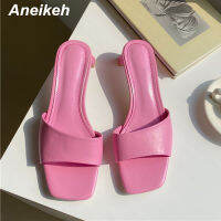 Aneikeh New Summer Women Shoes Square Toe Slides Rubber PU Solid Outside 5CM Thin Heels Shallow Beach Slippers Size 35-42