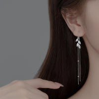 Real 925 Sterling Silver Zircon Leaves Long Drop Earrings Chains Tassel Pull Through Threader Earring Fine Jewelry for Women