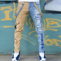 2023 New Khaki Denim Blue Personalized Color-blocking Washed Jeans Mens Straight Pants Zipper Tooling Jeans MMJ0077