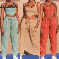 SALSPOR Women Crop Tops Sports Pants Sets y Solid Sleeveless Casual Straight Cargo Trousers Two Piece Suit Sportswear Outfits