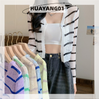 HUAYANG01 [2023 new HOT FASHION] lazlook เสื้อสเวตเตอร์ถักลายทางคอวีลึกทรงหลวมมีกระดุมแขนยาวเสื้อโค้ทคาร์ดิแกน