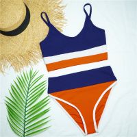 Women Swimsuit Striped Mixed Color Sport Tank High Cut High Waist Bikini Bathing Suit