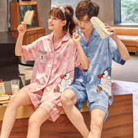 Anime Doraemon Pajama Sets Women Men Home Clothes Couple Pijama Suit Korean Loose Pyjama V-Neck Silk Sleepwear