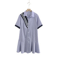 【มีไซส์ใหญ่】Plus Size 2XL-4XL Womens Short Sleeve Striped Dress Vintage Summer Mini Dresses