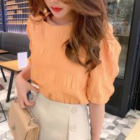 2021 female summer Korean version loose temperament T-shirt pleated short sleeves