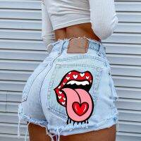 【hot】 Denim Shorts Personality New Printing Fashion Hole Fringed Hot Pants