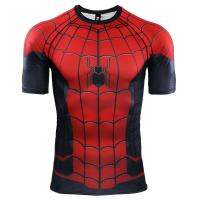 D&amp;BE   บุรุษบีบอัดเสื้อ S Pider Man พิมพ์แห้งเร็วเสื้อยืดออกกำลังกายการฝึกอบรมแน่นกีฬาวิ่งท็อปส์กีฬา