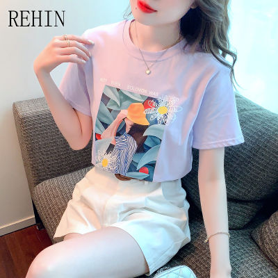 REHIN เสื้อยืดแขนสั้นผู้หญิง,เสื้อยืดคอกลมทรงหลวมผ้าคอตตอนพิมพ์ลายบางสไตล์เกาหลีแบบใหม่แฟชั่นฤดูร้อน