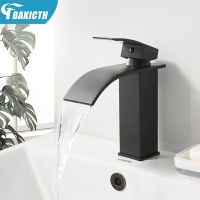 Bakicth Waterfall Basin Sink Faucet Black Faucets Brass Bath Faucets Hot&amp;Cold Water Mixer Vanity Tap Deck Mounted Washbasin Taps Plumbing Valves