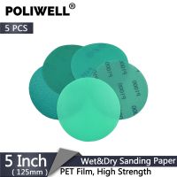 Poliwell กระดาษทรายขัดฟิล์ม Pet สีเขียวขนาด125มม. 5ชิ้นกรวด60ถึง2000กันน้ำกันอุดตันตะขอขัดกระดาษทรายเครื่องมือขัด