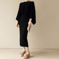 High Quality Autumn Winter Women Knitted 2 Piece Set Batwing Sleeve Loose Tops+Slim Bodycon Skirt Female Sweater Suits