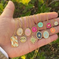 Ins Summer Stainless steel Necklace Enamel Mulyicolor Round Charms Link Chain Necklace Gold Color For Women Jewelry 40cm long Headbands