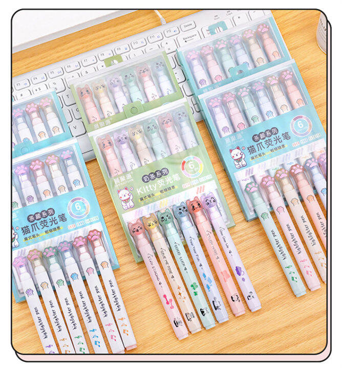 6pcs-box-kawaii-school-supplies-cartoon-cute-student-gift-fluorescent-pen-drawing-art-marker-cat-claw-highlighter