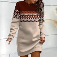 Fall Winter Women Dress Sexy Round Neck Thick Geometric Print Long Sleeve Loose Mini Dress Robe Elegant Casual Vestidos Mujer