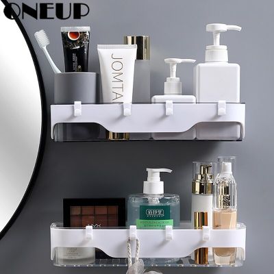 ONEUP ABS Bathroom Shelf Storage Rack With Hooks Heightened Guardrail Storage Organizer For Home Toilet Bathroom Accessories Set Bathroom Counter Stor