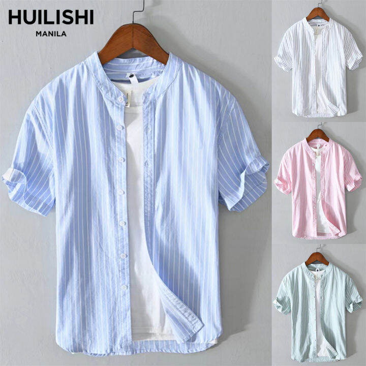 HUILISHI Chinese Collar Striped Short Sleeve Fashion Casual Men Shirt ...