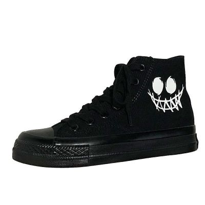 ✈❁♘  High help students han edition diablo series black canvas shoes for men and women joker face Japanese black shoes street snap ins tide