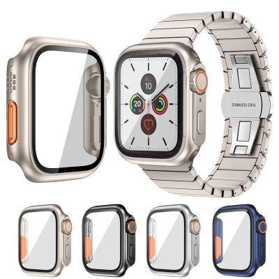 เคสสำหรับ Apple Watch อัปเกรดแบบแข็งปกป้องหน้าจอ8 7 45มม. 41มม. กระจกเทมเปอร์ I Watch Series 4 5 6 Se 44มม. 40มม. เปลี่ยนเป็น Ultra 49มม.