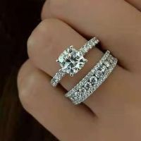 2 Pcs Luxury Wedding Engagement Ring Set with Full Bling Iced Out Crystal Rhinestone Zircon for Women Party Fashion Jewelry