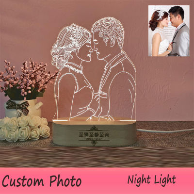 Customized Custom Text Photo 3D Night Light USB Wooden Base Bedside Lamp DIY Night Lamp For Wedding Christmas Gift Party Decor