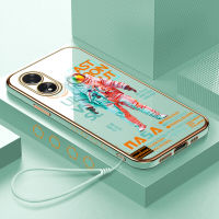 เคสใส่โทรศัพท์สำหรับ OPPO ฟรีสายคล้อง A38 A18 + การ์ตูนนักบินอวกาศลวดลายขอบสี่เหลี่ยมเคสโทรศัพท์ชุบเคลือบหรูหราเคสโทรศัพท์นิ่ม