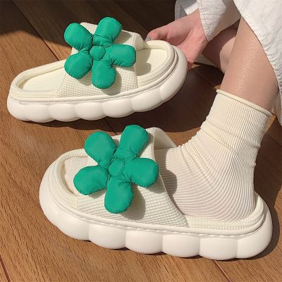 รองเท้าแตะผ้าลินินลายดอกไม้สีเขียวขนาดเล็กสำหรับผู้หญิง,รองเท้าแตะฝ้ายลินินบ้านพื้นหนากันลื่นสำหรับใส่ในฤดูร้อน