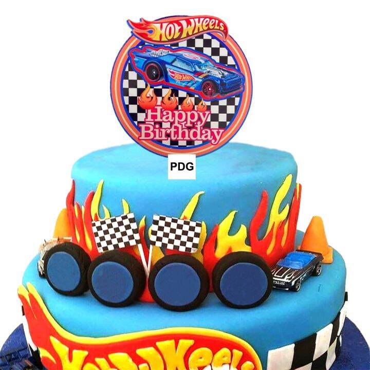 Hot Wheels Birthday Cake Topper Acrylic Car Black White Checkered Flag