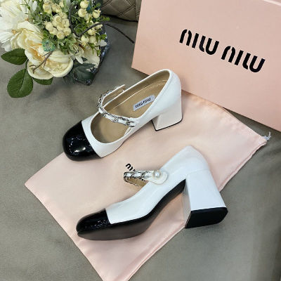 【high quality】original Spring/Summer Mary Jane High Heels Womens Retro Square Toe Thick Heel Velcro Pearls summer new style womens shoes slippers for women slides outside wear sandals for women