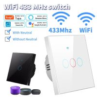 Tuya WiFi saklar Pintar EU saklar lampu sentuh tidak ada kawat netral kompatibel dengan Alexa nirkabel RF433 dinding pengendali suara jarak jauh